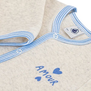 Petit Bateau - Baby Boy Velour Footie with Blue Trim – Oatmeal