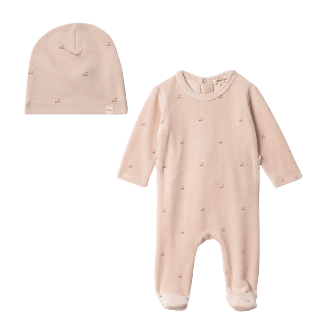 Lola Linen Velour Cherry Print Footie Set