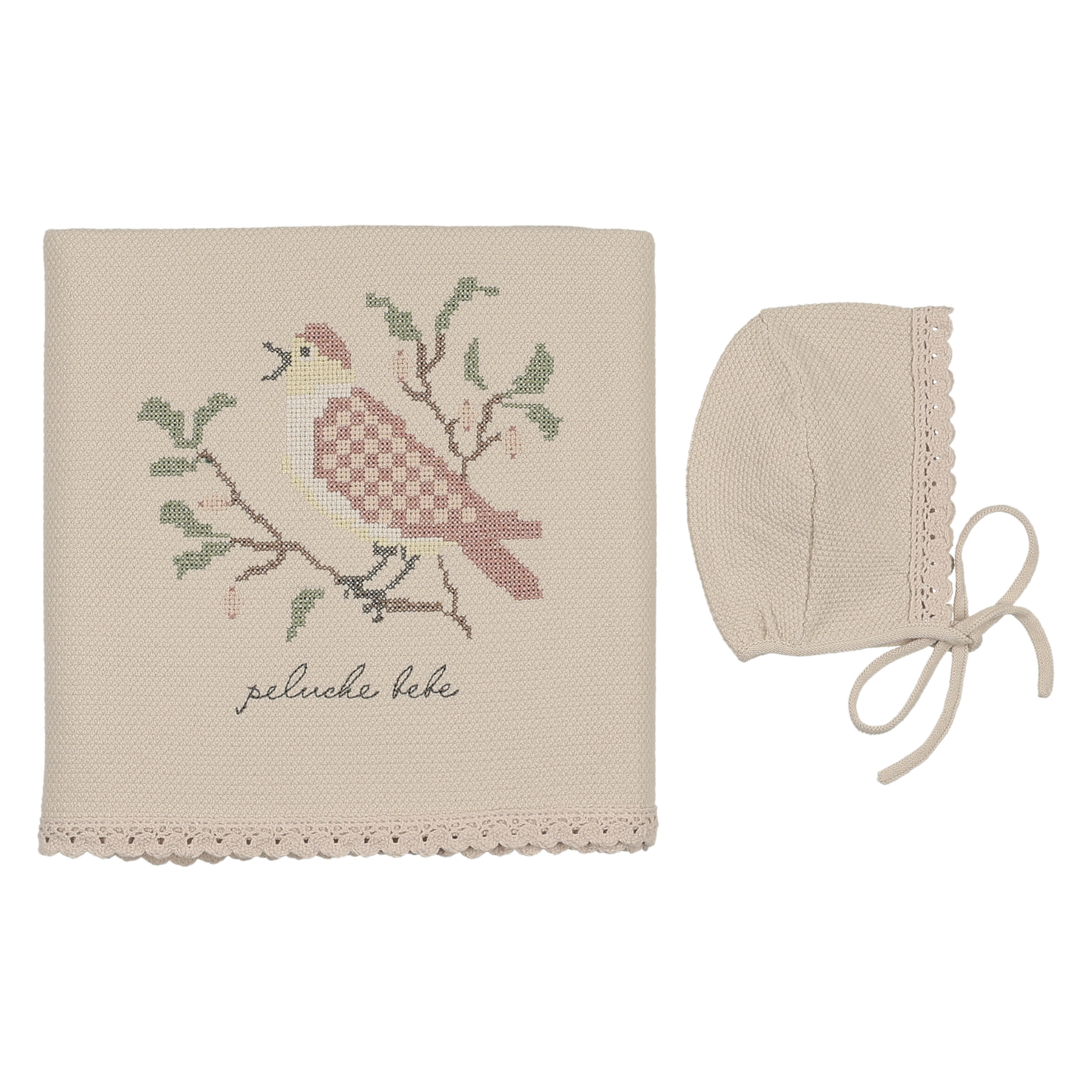 Peluche Bebe - Knit Cross Stitch Blanket and Bonnet
