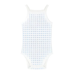 White swimsuit with blue checkered pattern on a white background