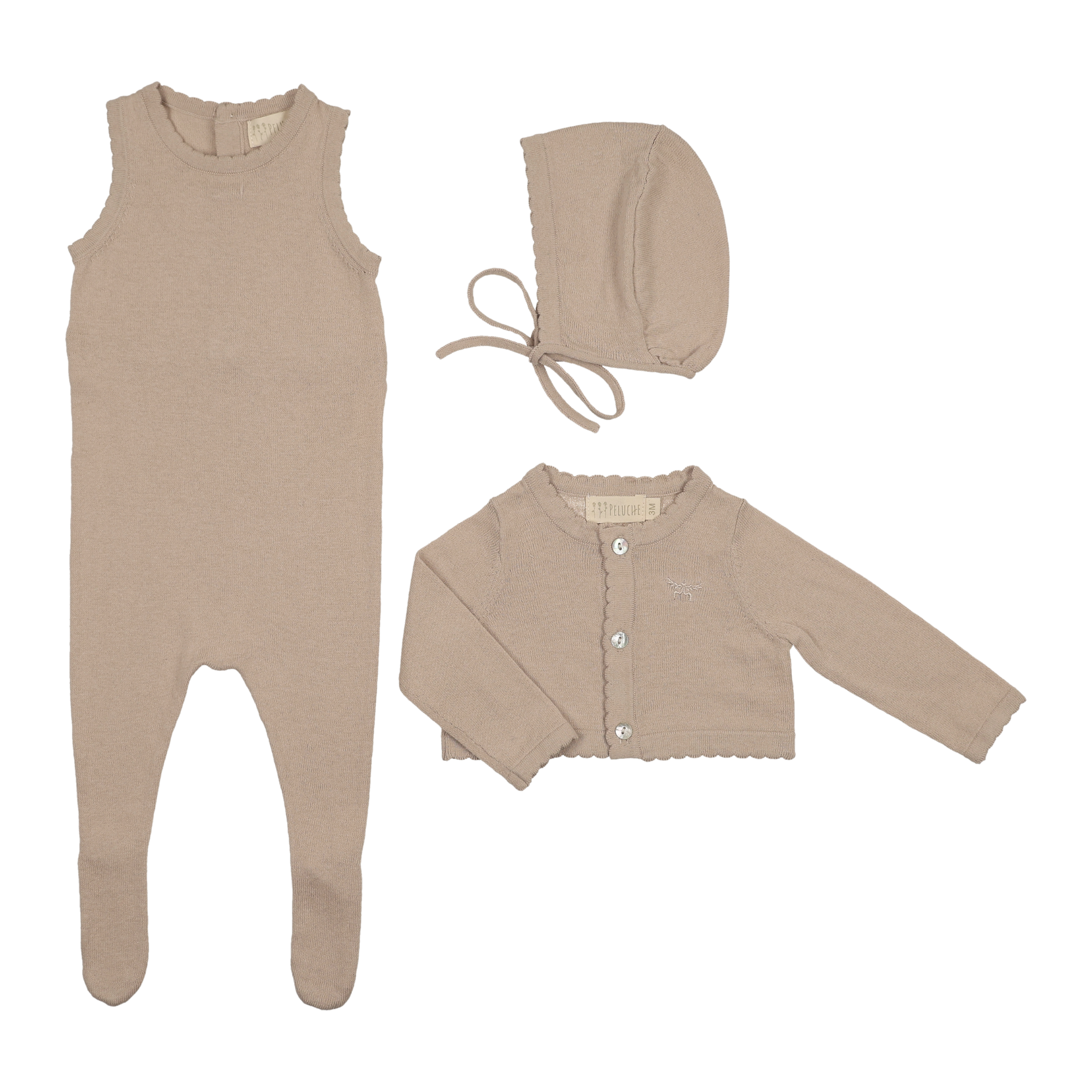 Peluche Bebe - Knit Jumpsuit + Cropped Cardigan + Bonnet Set