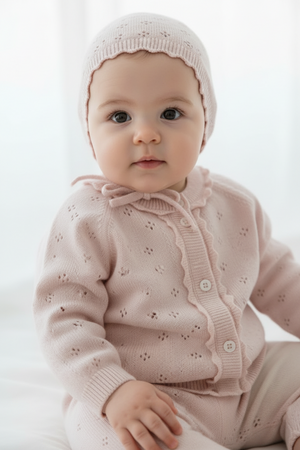Baby wearing a pink knitted outfit with a matching hat on a white background