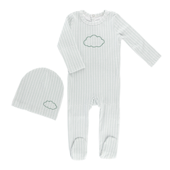 Little Label – Cloud Herringbone Baby Footie & Hat Set (Light Blue Cotton)