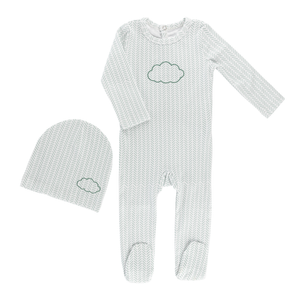 Little Label – Cloud Herringbone Baby Footie & Hat Set (Light Blue Cotton)