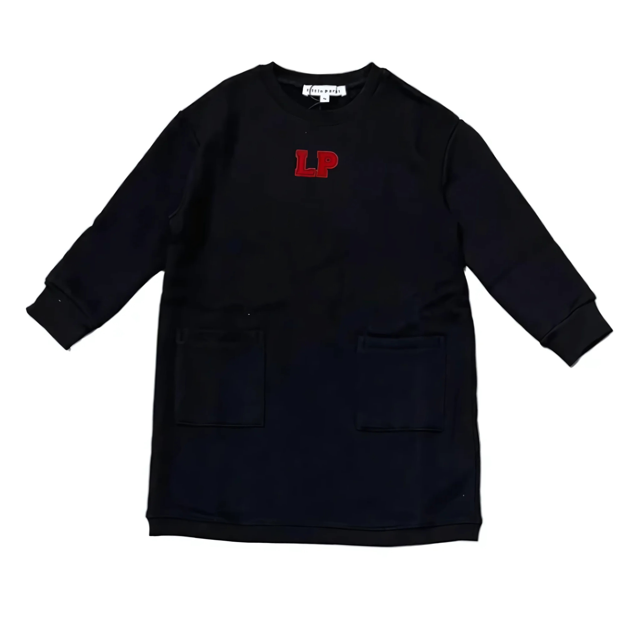 Little Parni Black LP Dress – Girls Cotton Fleece Modest Sweatshirt Dress with Pockets | K585