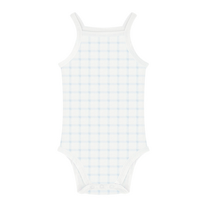 White swimsuit with blue checkered pattern on a white background