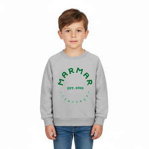 Child wearing a gray sweatshirt with green text on a white background