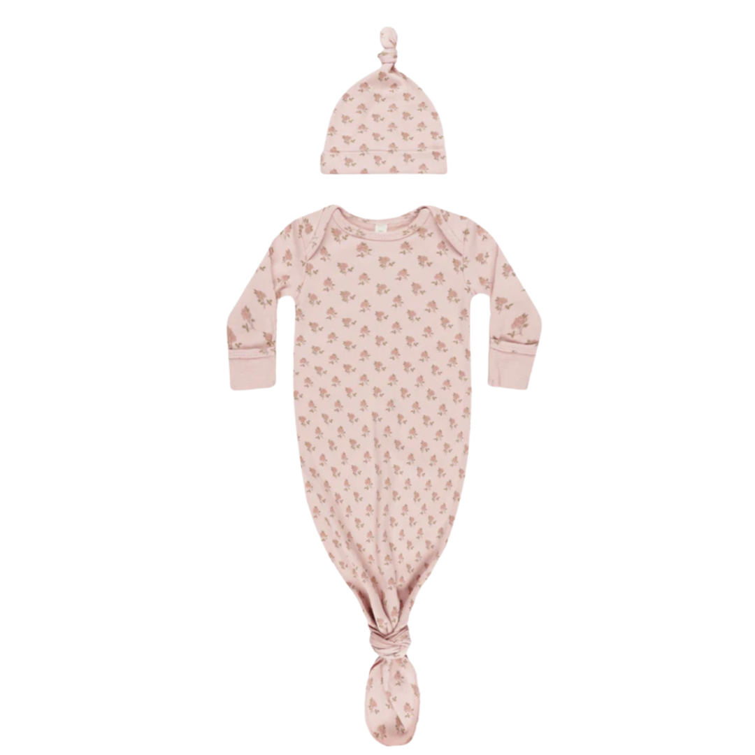 Quincy Mae Rose Knotted Baby Gown + Hat | Organic Cotton Newborn Sleep Set