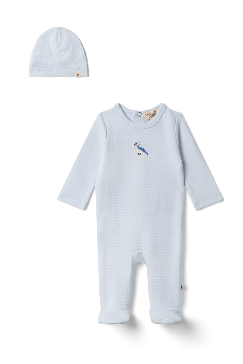 Bebe Bella Blue Checkered Bird Applique Footie + Beanie