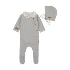 Bee and Dee Leather Knit Footie and Bonnet Dusty Blue Soft Knit Baby Outfit Classic Design