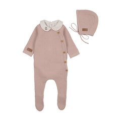 Bee and Dee Leather Knit Footie and Bonnet Muted Pink Soft Knit Baby Outfit Classic Design