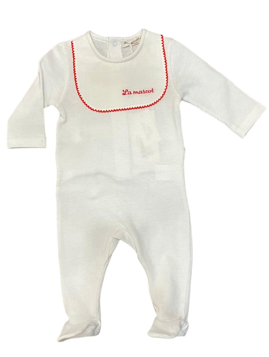 La Mascot White/Red Picot Bib Knit Footie