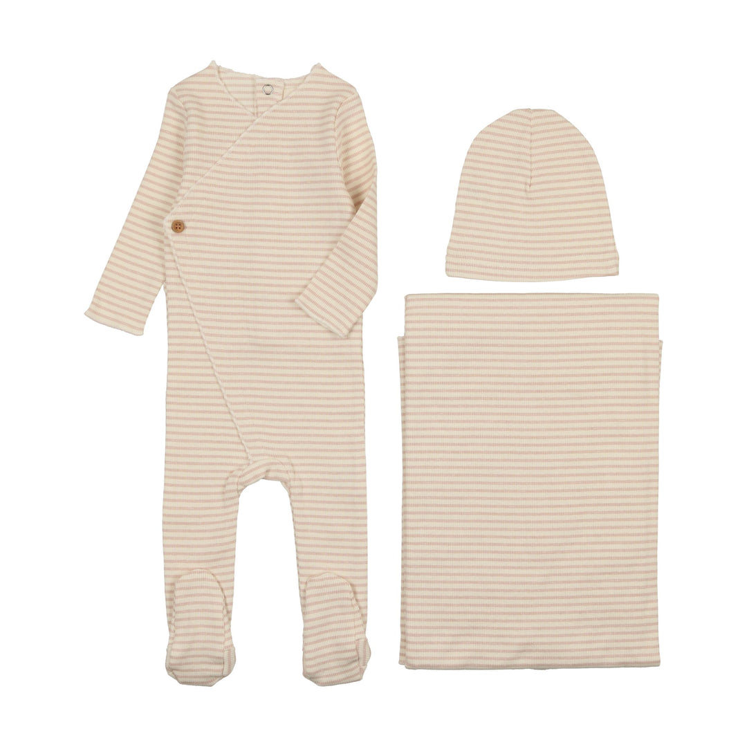 Mema Knits Cream/Pink Striped Side Button Three Piece Set