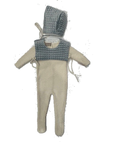 Carmina Butter Footie with Blue Velvet Quilted Bib + Bonnet
