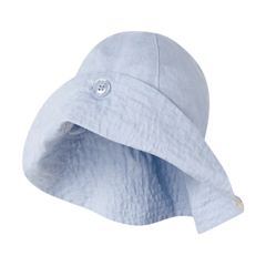 Light blue bucket hat with a button on a white background