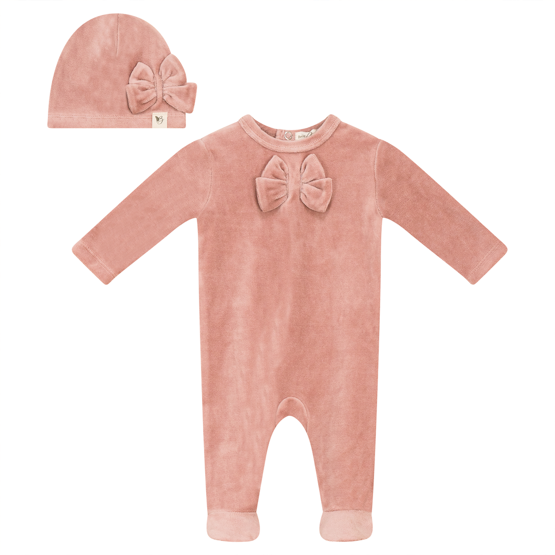 Bebe Bella Pink Bow Velour Footie + Hat
