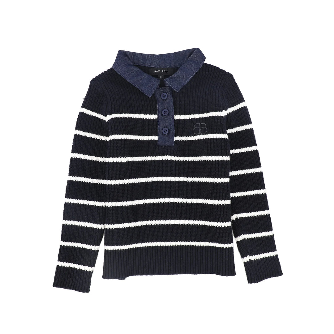 Bamboo Stripe Knit Denim Collar Polo