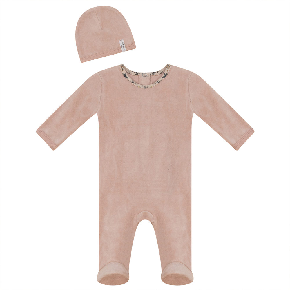 Little Fragile Blush Print Trim Footie with Hat