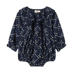 Navy blue baby romper with floral pattern on a white background