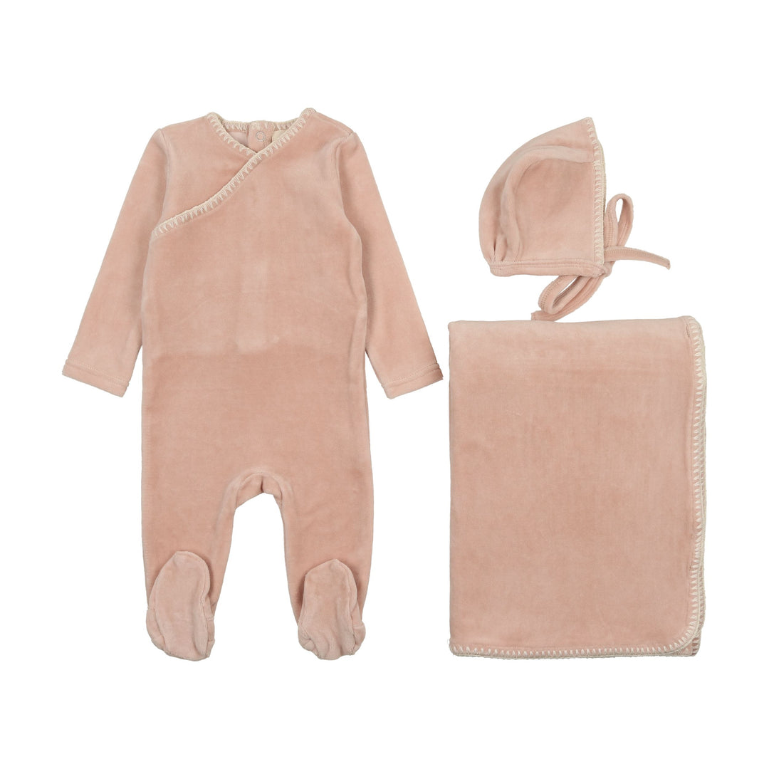 Mema Knits Pale Pink Velour Embroidered 3 Pc Set