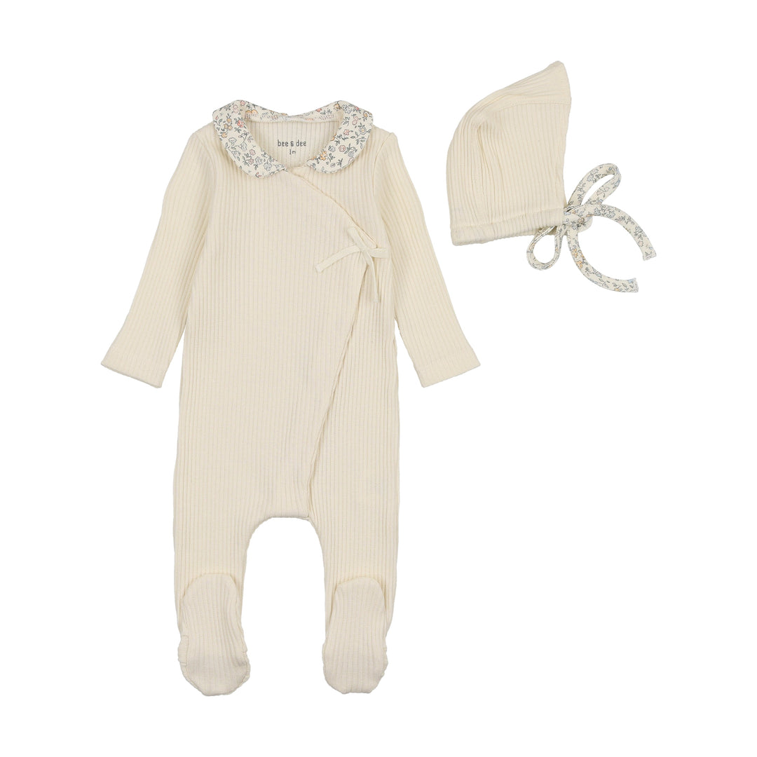 Bee & Dee Girls Cream Shadow Ditsy Wrap Footie + Bonnet