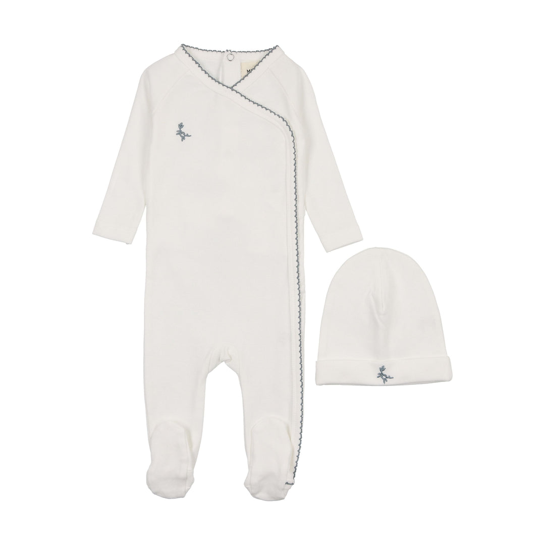 Mema Knits Blue Embroidered Picot Edge Footie + Beanie