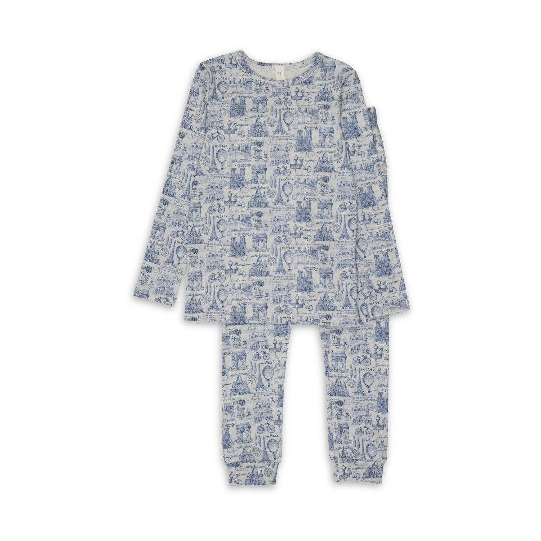 Bopop Toile Navy Pajamas Soft Cotton Kids Sleepwear Classic Toile Print Set