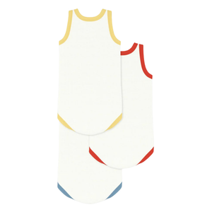 Three swimsuits with different color trim designs on a white background