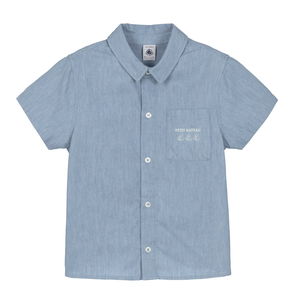 Petit Bateau Boy Short Sleeve Chambray Shirt Boutique Newborn Toddler Designer Organic Cotton Blue Button Down