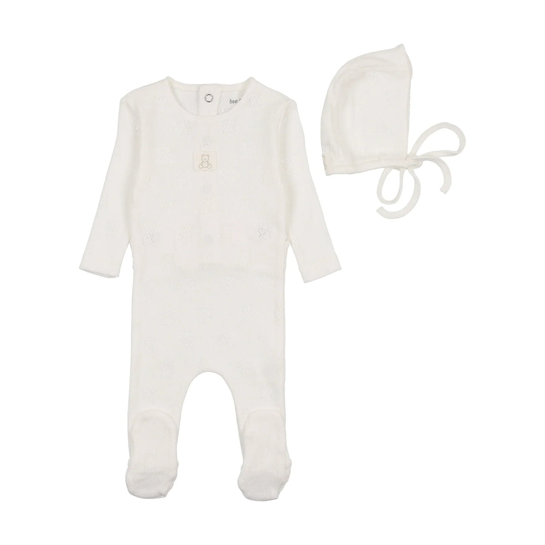 Bee & Dee Chalk White Petit Ourse Pointelle Footie + Bonnet