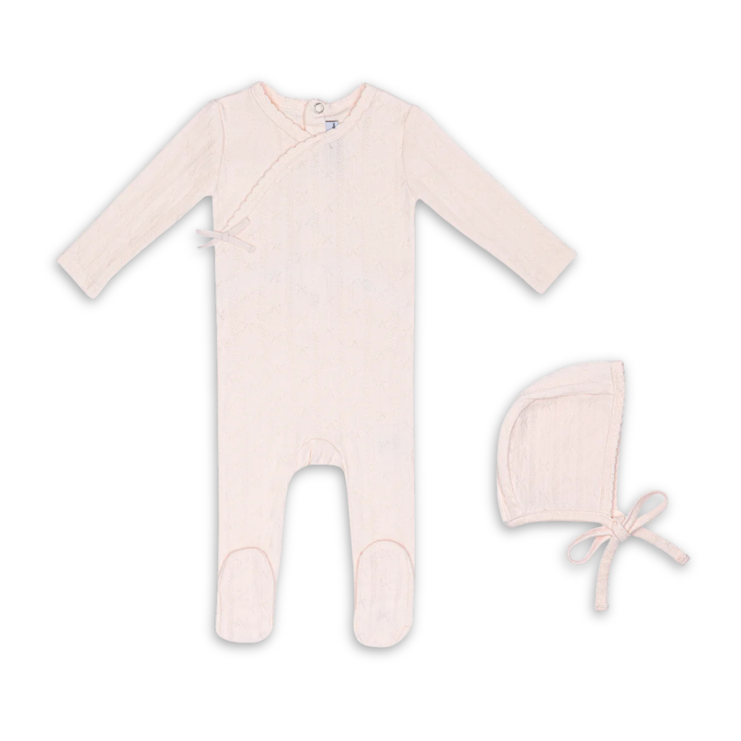 Mini Label Pink Butterfly Wrapover Pointelle Footie and Hat Girls Soft Cotton Baby Outfit Butterfly Print Pointelle Design
