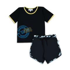 Miss Mini Postcard Swim Top and Bottom Shorts Set Kids Swimwear Soft Stretch Fabric Postcard Print Design