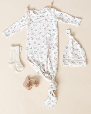 Quincy Mae Strawberries Knotted Baby Gown + Hat Set