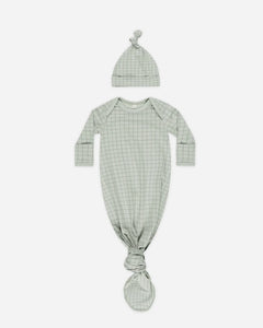 Quincy Mae Sage Grid Knotted Baby Gown + Hat Set