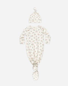 Quincy Mae Strawberries Knotted Baby Gown + Hat Set