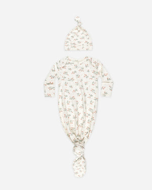 Quincy Mae Strawberries Knotted Baby Gown + Hat Set