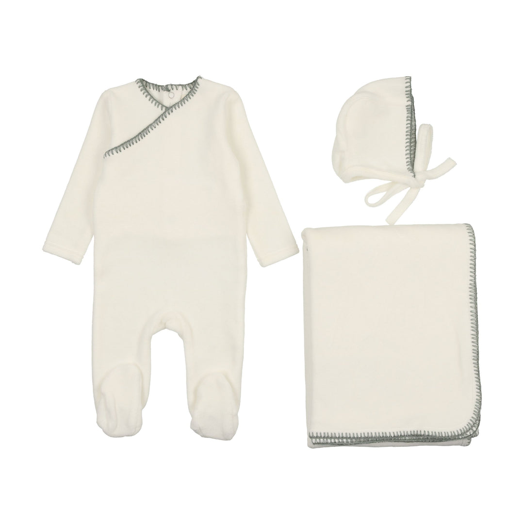 Mema Knits Cream Powder Blue Velour Embroidered 3 Pc Set