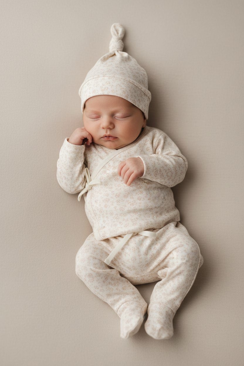 Quincy Mae Organic Cotton Newborn Set – Ditsy (Side Tie, Footed Pants & Hat)