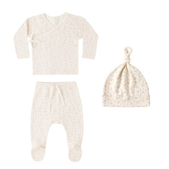 Quincy Mae Newborn Ditsy Floral Three-Piece Set Wrap Top Footed Pant and Knotted Hat Boutique Designer Organic Cotton Coming Home Outfit