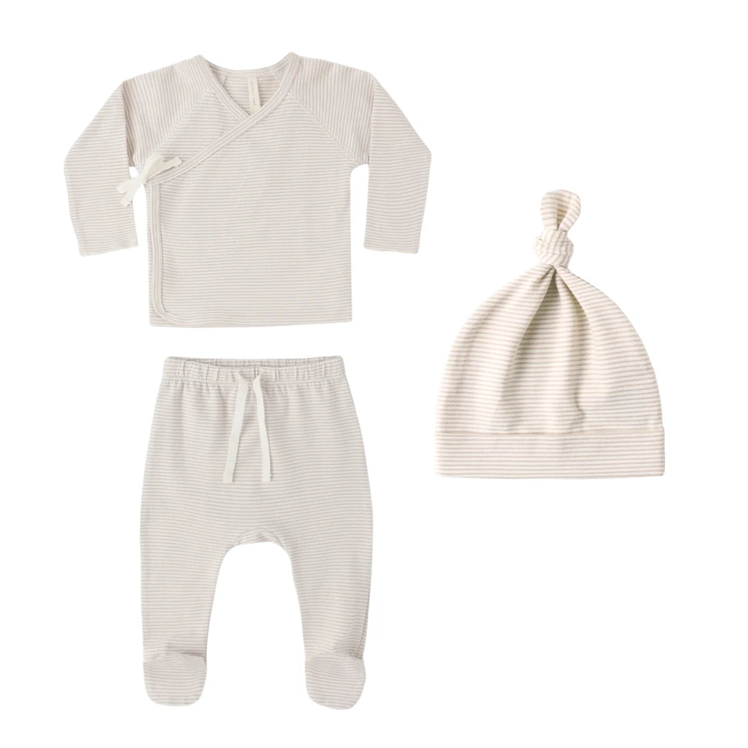 Quincy Mae Newborn Oat Micro Stripe Three-Piece Set Wrap Top Footed Pant and Knotted Hat Boutique Designer Organic Cotton Coming Home Outfit
