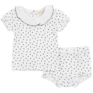 Fragile - Baby Pointelle With Flower Print 2 PCS Short Set With Ruffle Collar