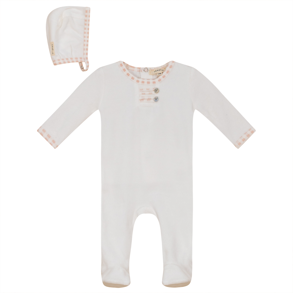 Fragile Velour Footie with Pedel Check Trim + Bonnet