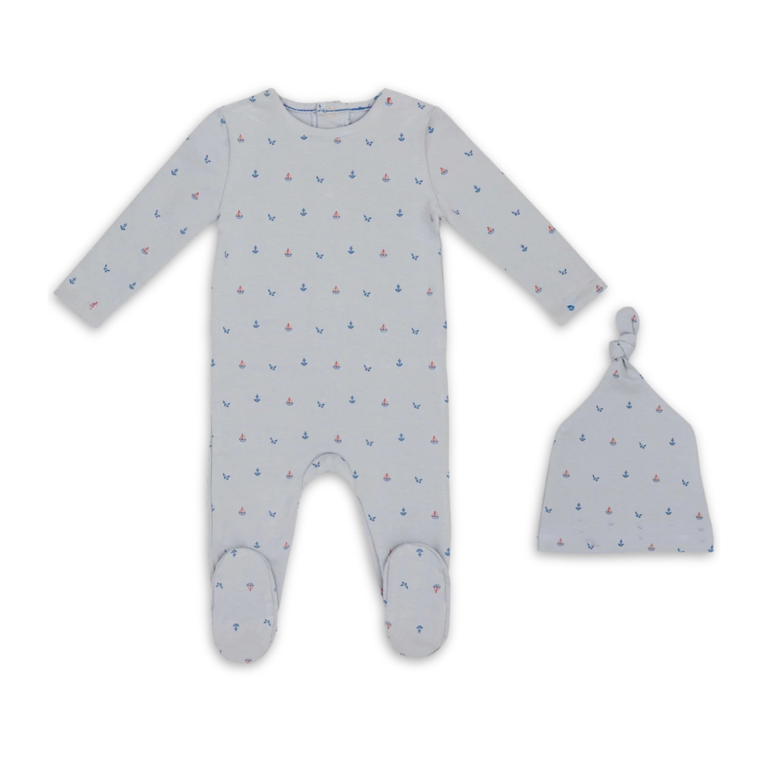 Mini Label Sea Blue Nautical Print Footie and Hat Boys Soft Cotton Baby Outfit Nautical Print Design