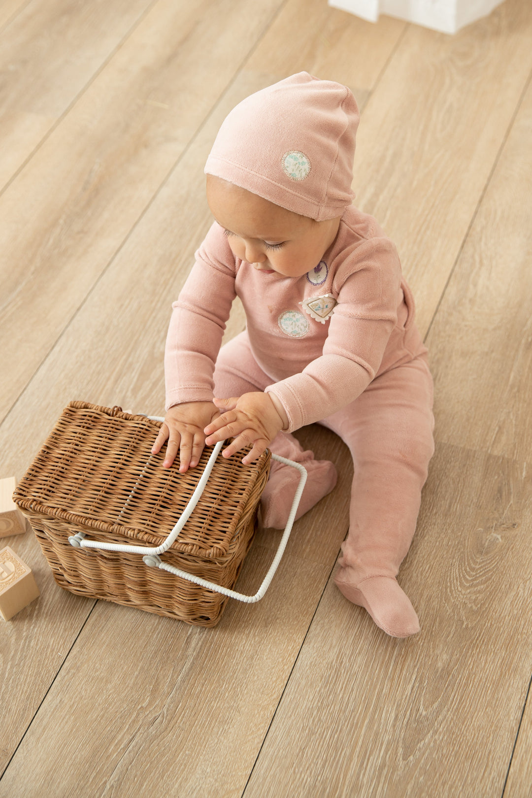 Bee and Dee Dusty Pink Velour Stamp Applique Footie with Beanie
