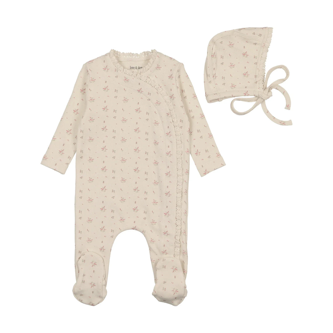 Bee & Dee Girls Shadow White Sweet Blossoms Footie + Bonnet