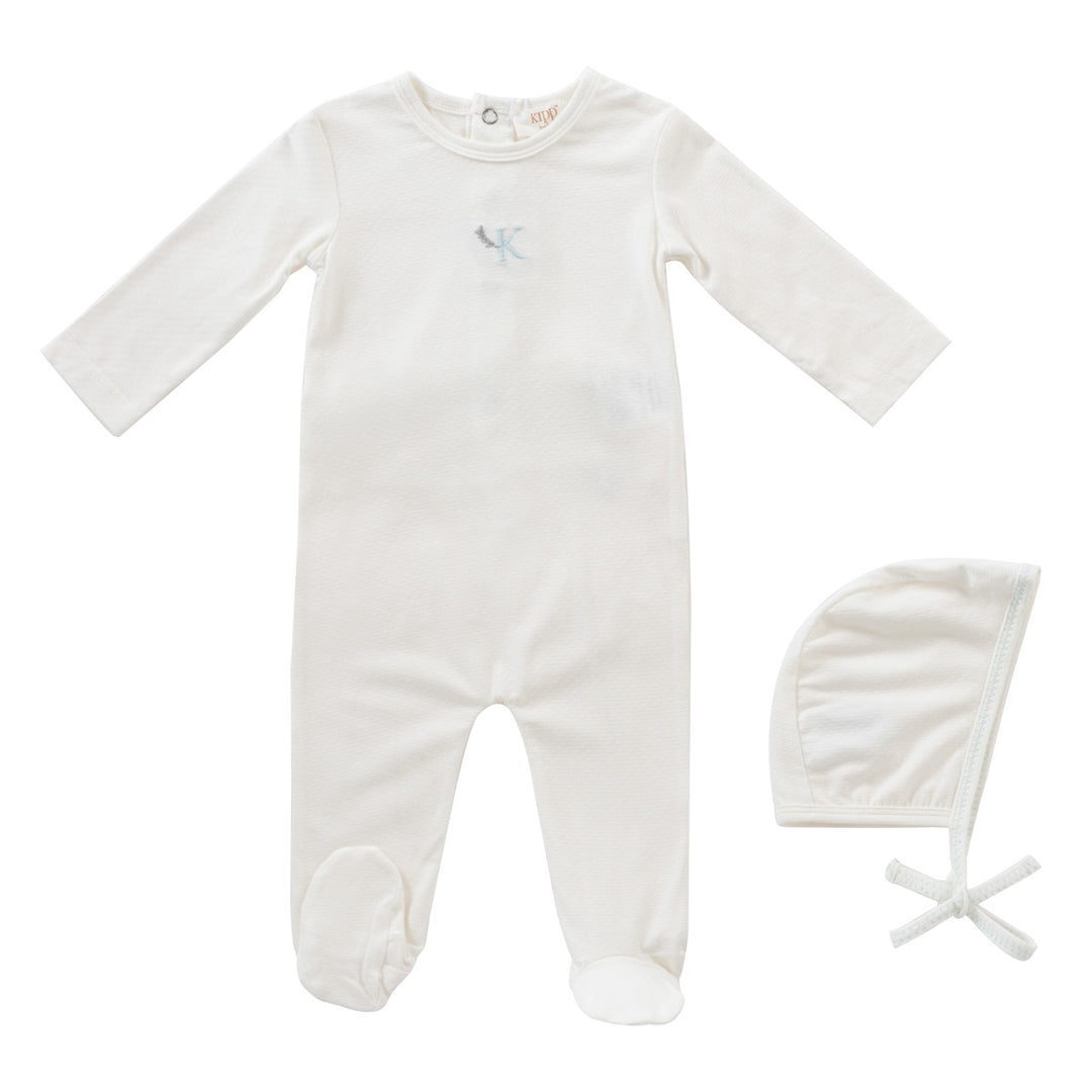 Kipp Baby Blue Metallic Embroidered Footie + Bonnet