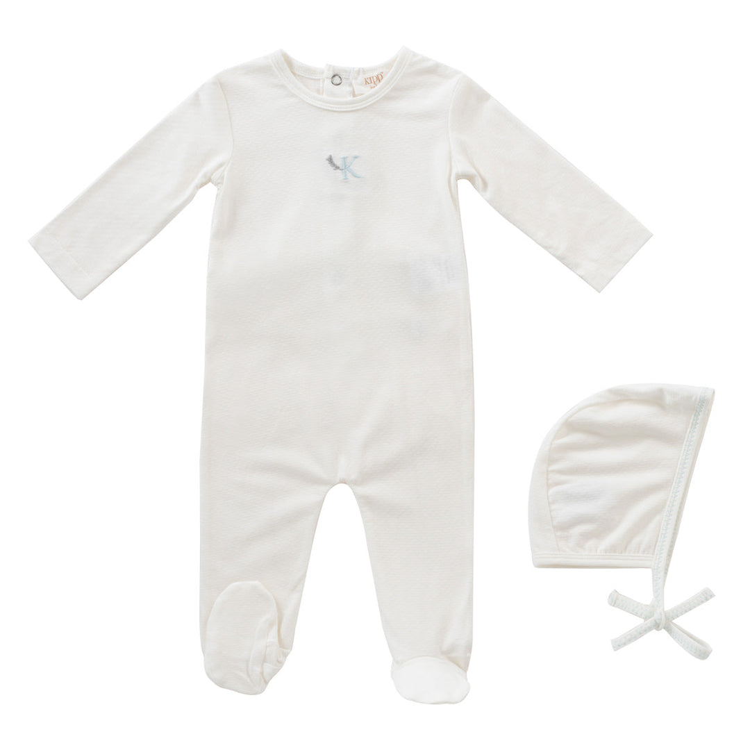 Kipp Baby Blue Metallic Embroidered Footie + Bonnet