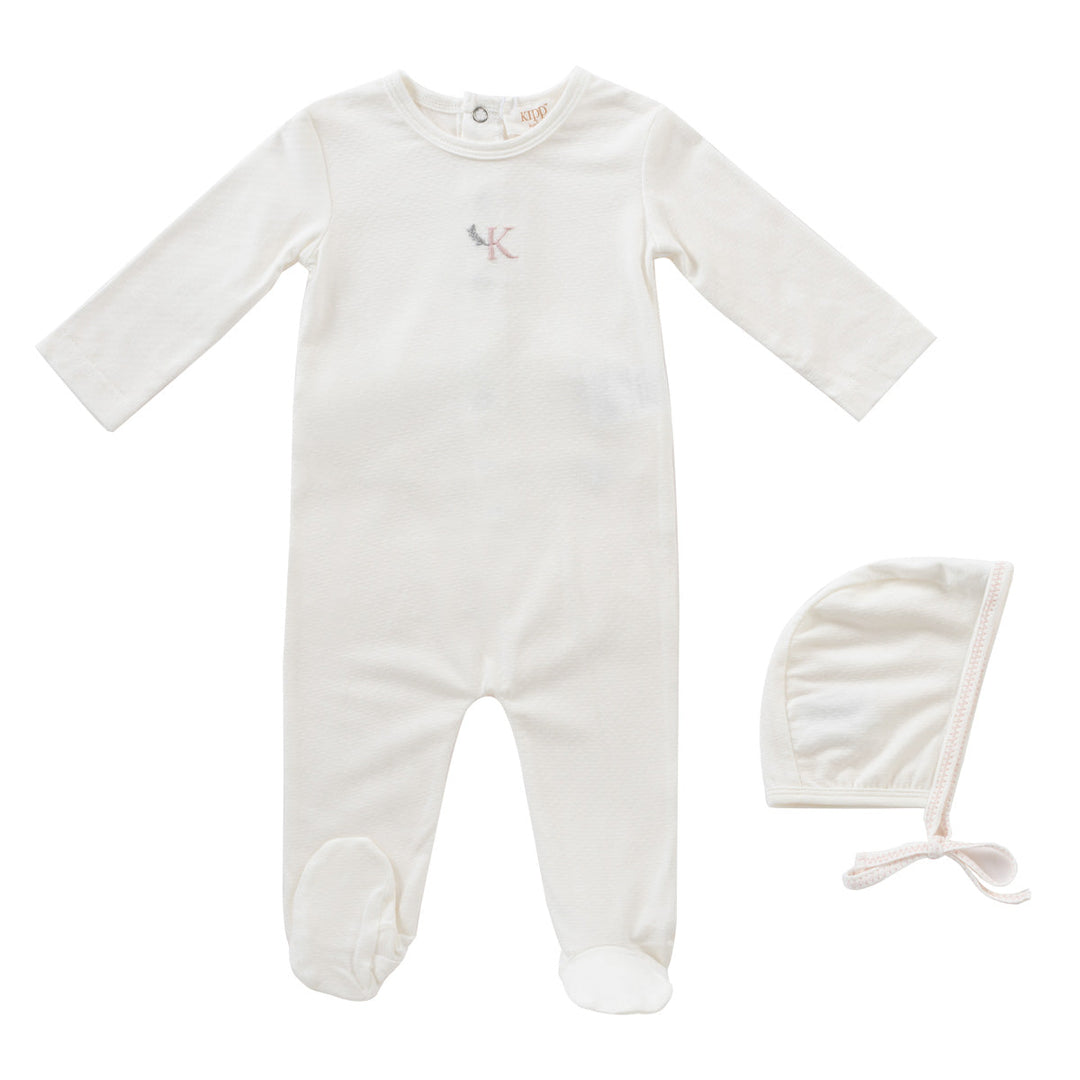 Kipp Baby Pink Metallic Embroidered Footie + Bonnet