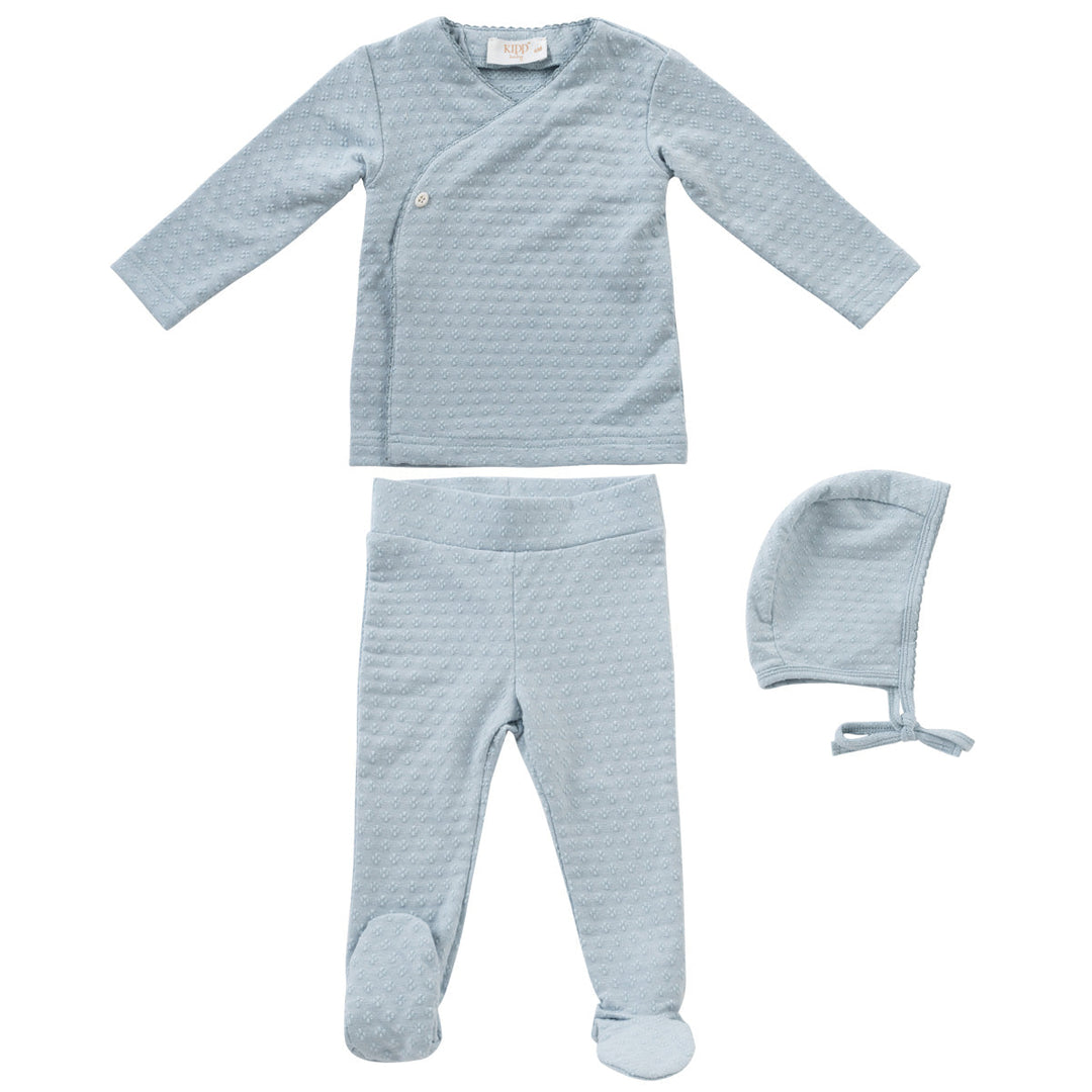 Kipp Baby Blue Textured Cotton 2 Pc Set + Bonnet