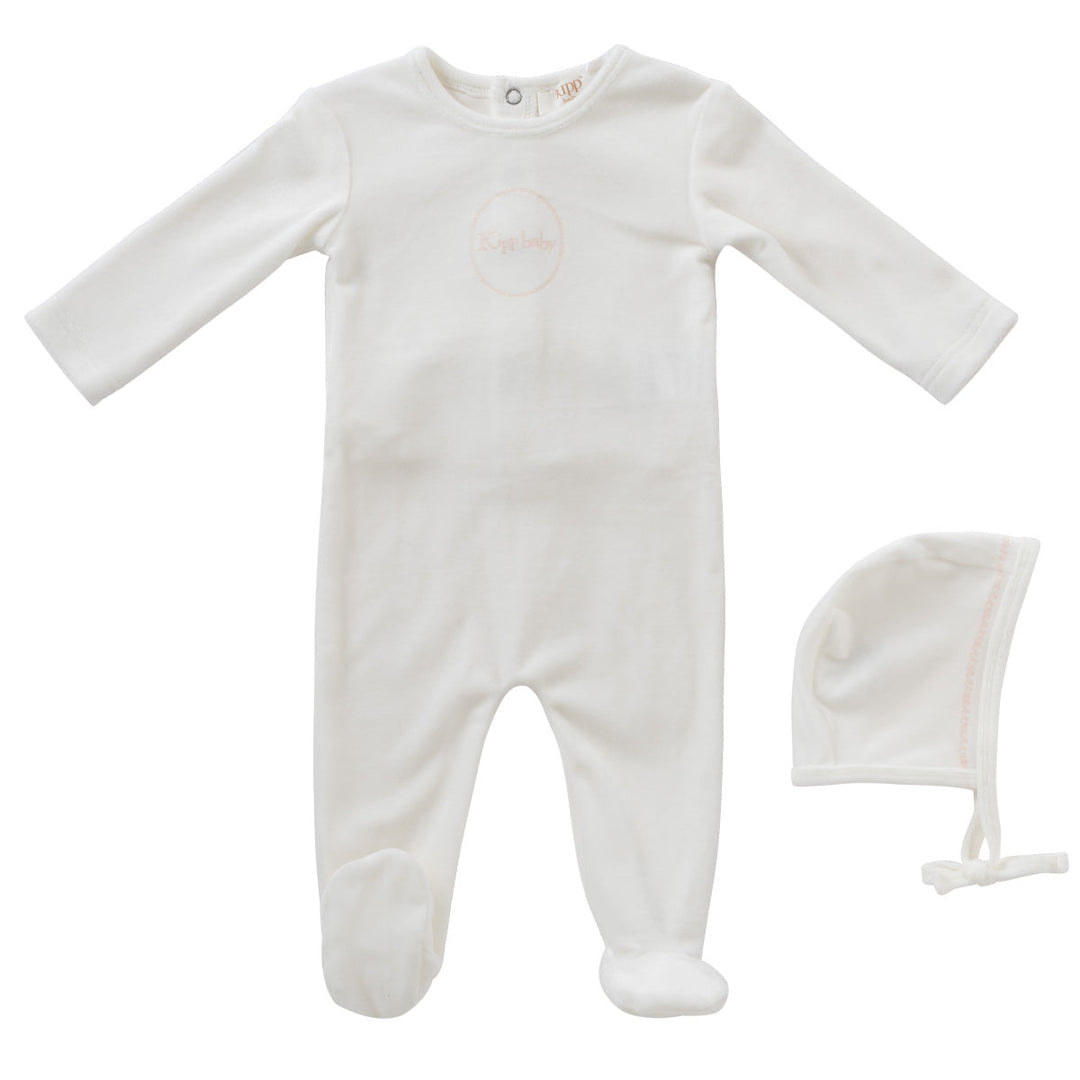 Kipp Baby Pink Spring Velour Footie + Bonnet